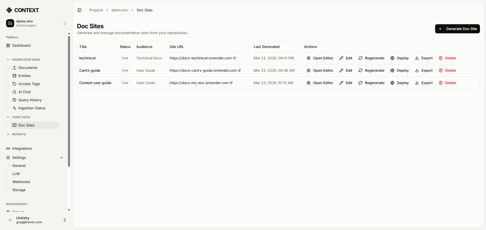 Doc Sites management showing generated documentation evolving over time