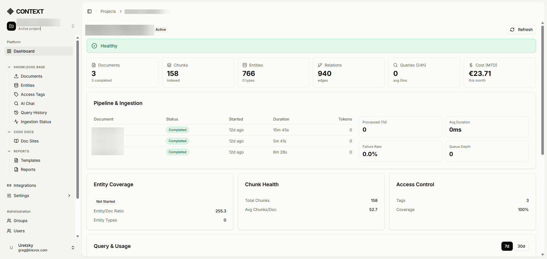 Dashboard showing code analysis with entity coverage and chunk health