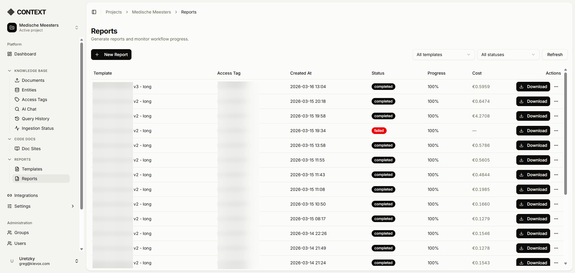 Reports page showing generated reports with status and progress