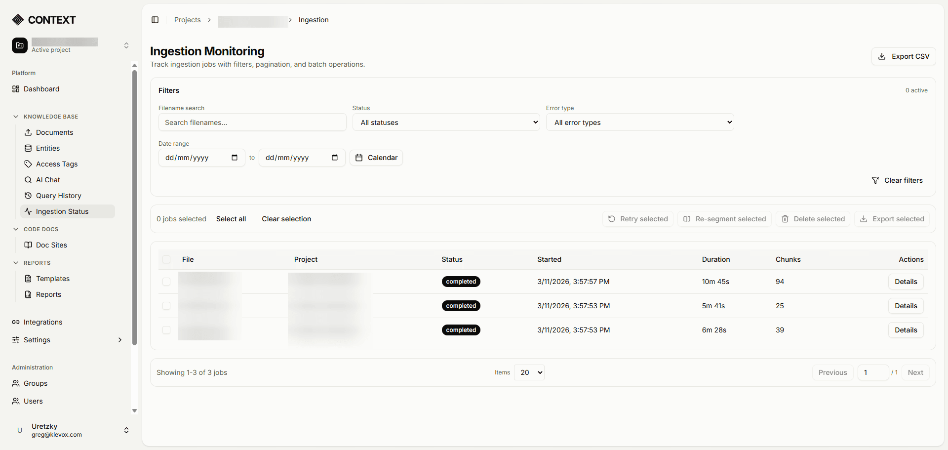 Ingestion monitoring showing document files being processed